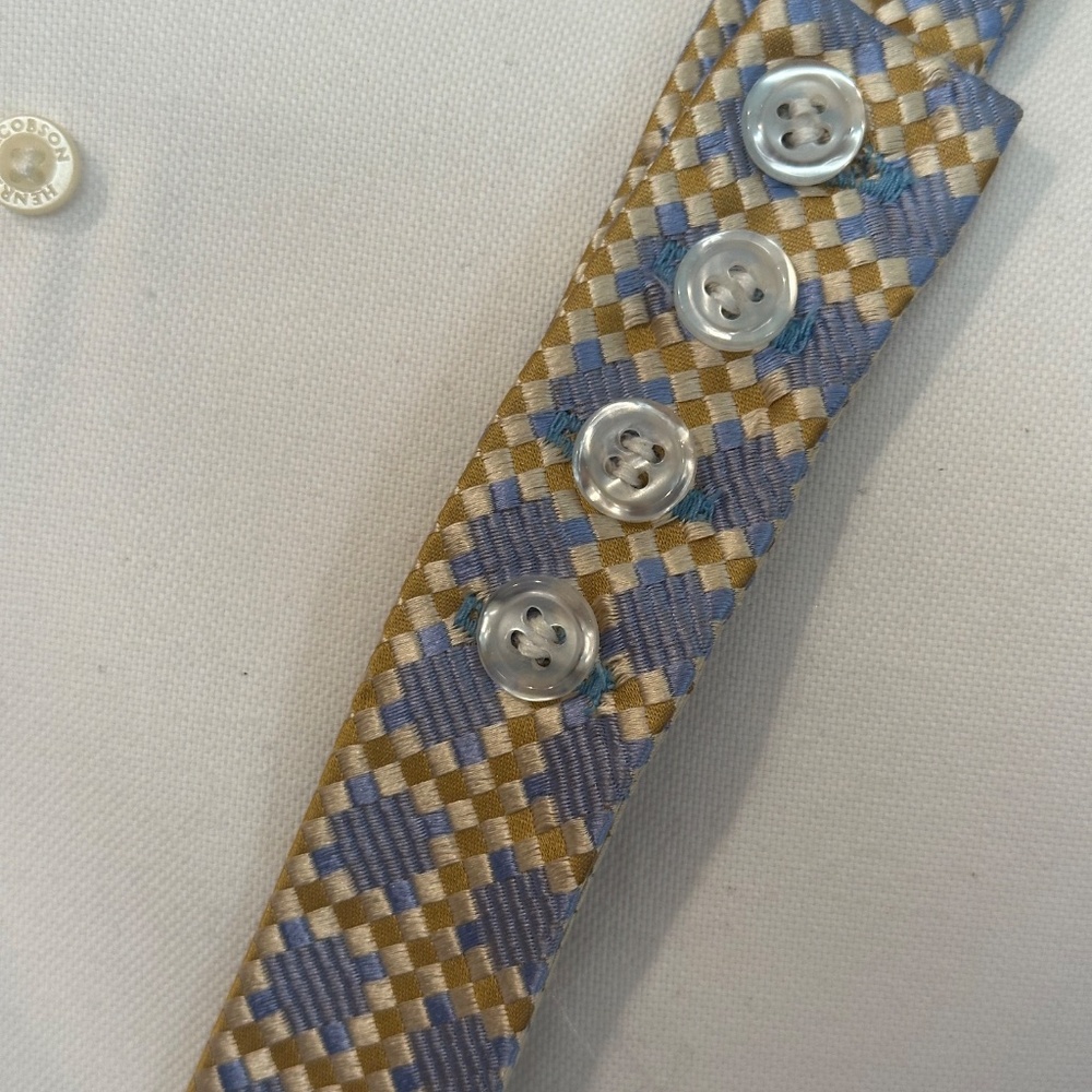 Henry Jacobson 100% silk, blue & gold geometric woven bow tie - Picture 4 of 4